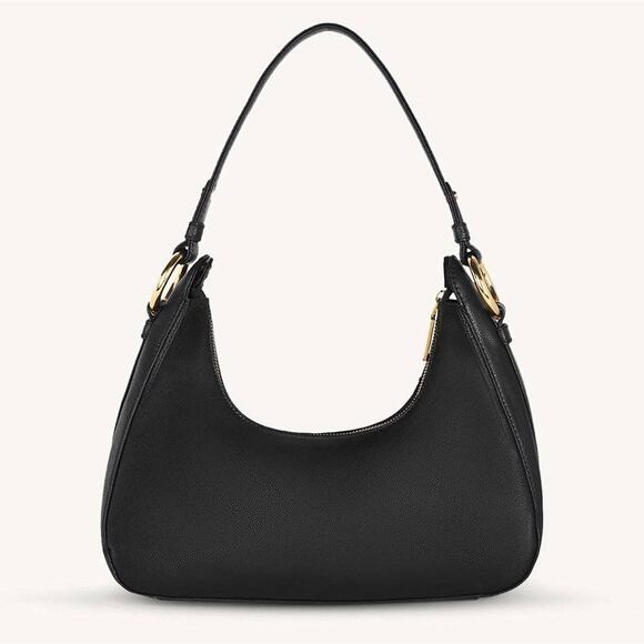 Ava - Black Classic Leather Ava Half-Moon Vegan Leather Shoulder Bag in Black